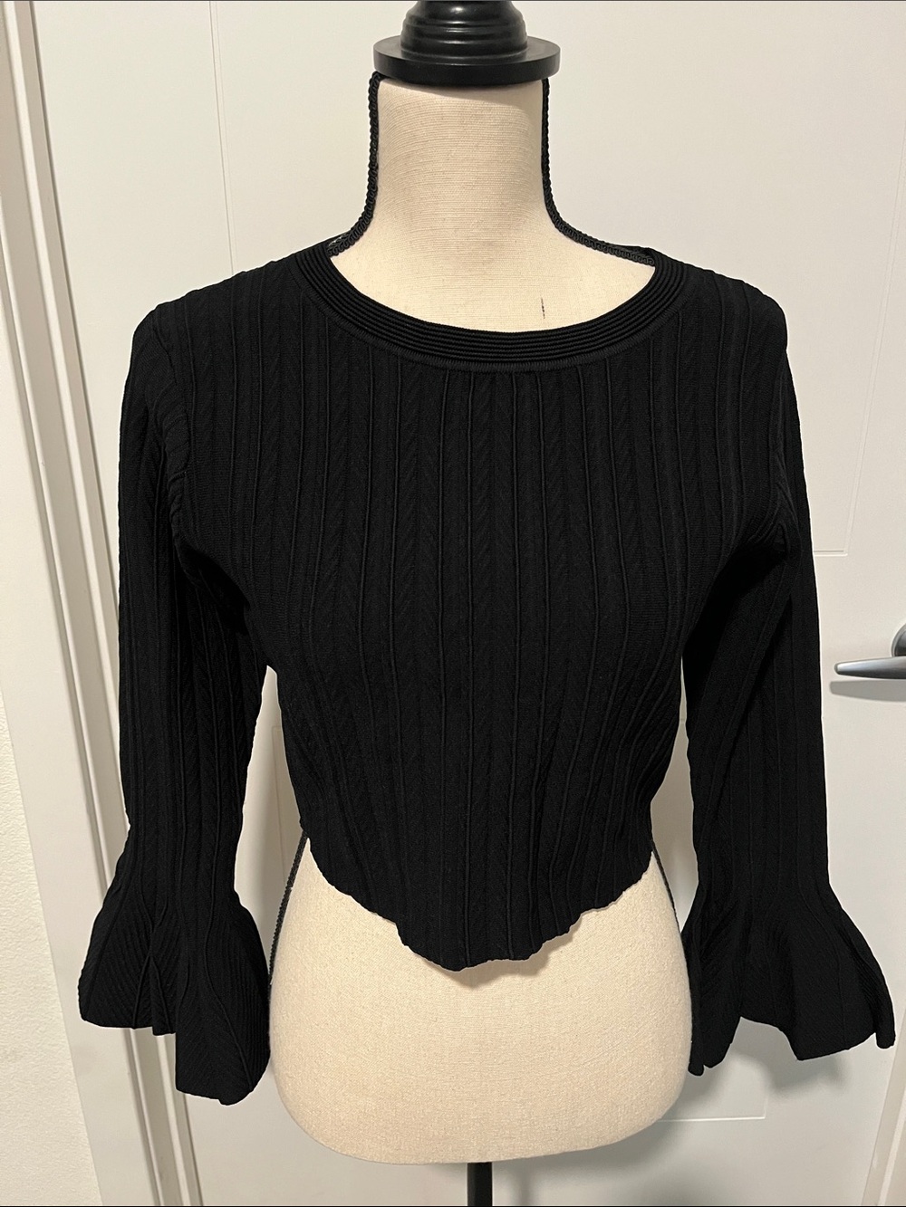 Bebe Black Ribbed Bell-Sleeve Long Sleeve Cropped Sweater Bohemian NWT